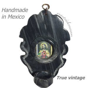 VTG 80s Black Onyx CANDLE HOLDER with RELIGIOUS Catholic Jesus Image